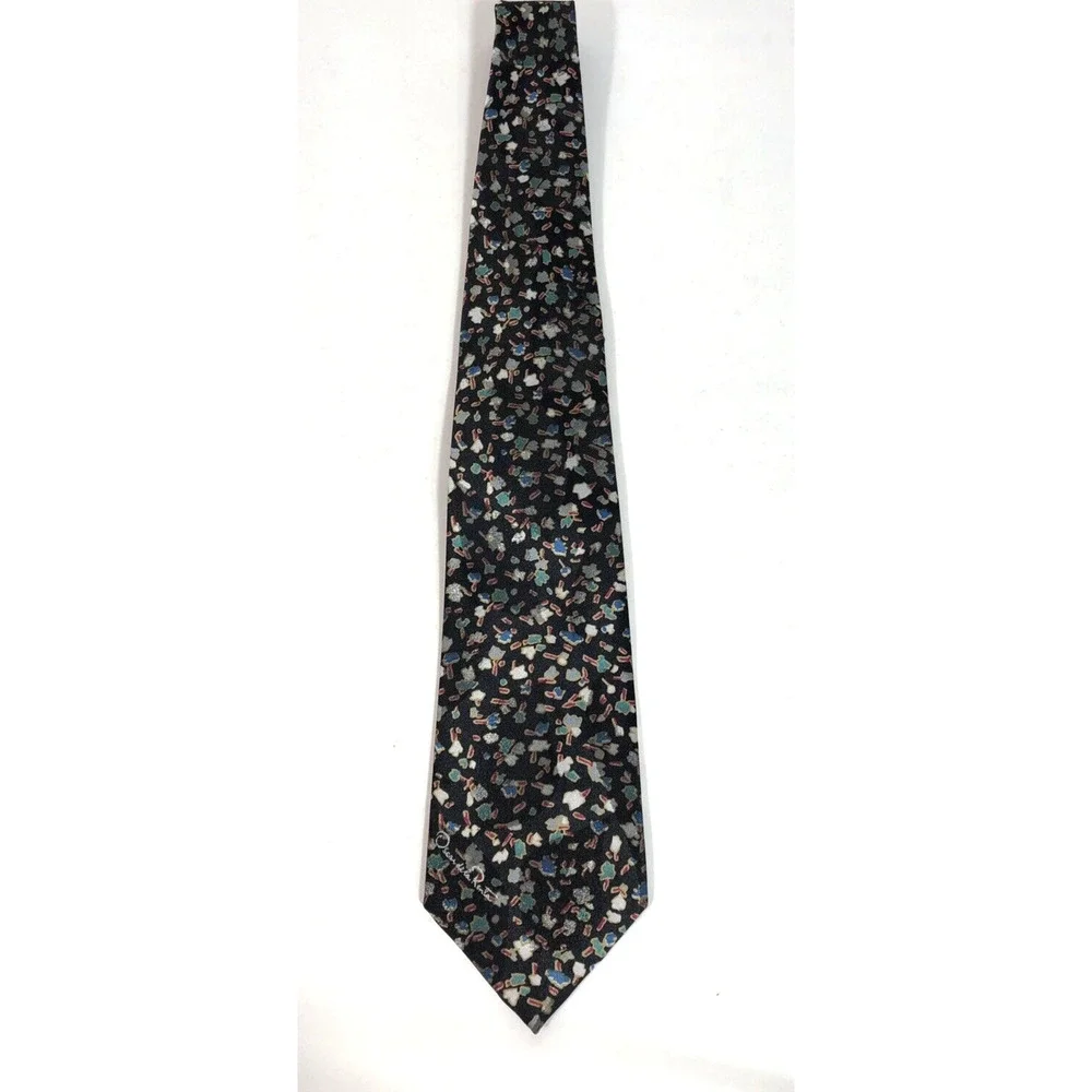 Vintage Oscar de la Renta Studio Tie Black Multicolor Geometric Print USA Retro